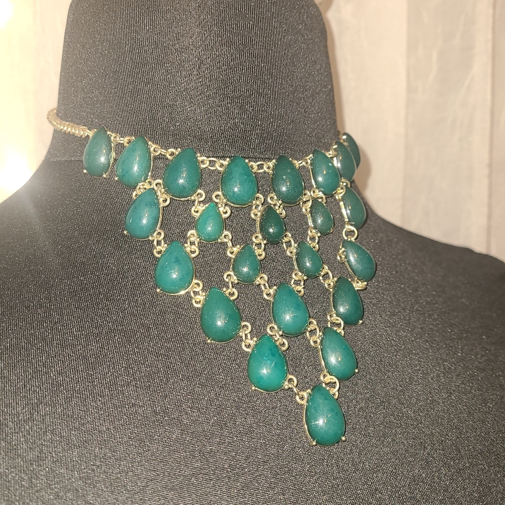 3 for $20 Sale! Green beaded statement necklace with faux gold hardware